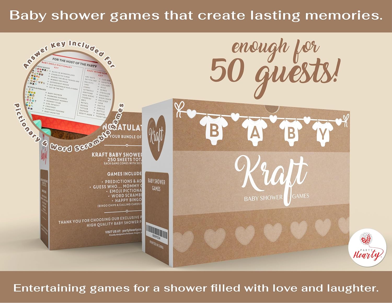 Party Hearty Baby Shower 5 Game Pack, Premium Thick Cardstock - Kraft | 5 Classic Baby Shower Games, 250-Piece Party Pack, Perfect for Baby Showers, Simple & Fun