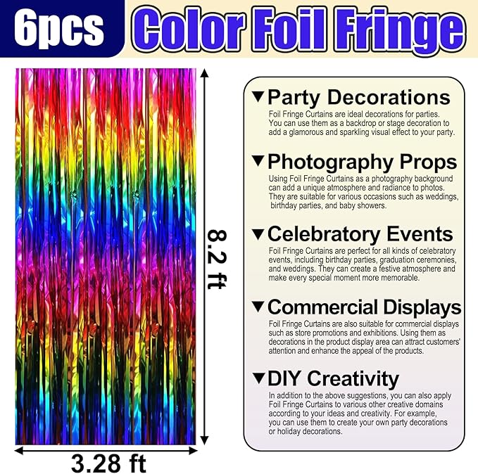 6 Pack Rainbow Foil Fringe Curtain Backdrop, 3.28Ft x 8.2Ft Metallic Tinsel Foil Fringe Streamer Curtains for Photo Booth, Birthday, Wedding, New Year Party Decorations