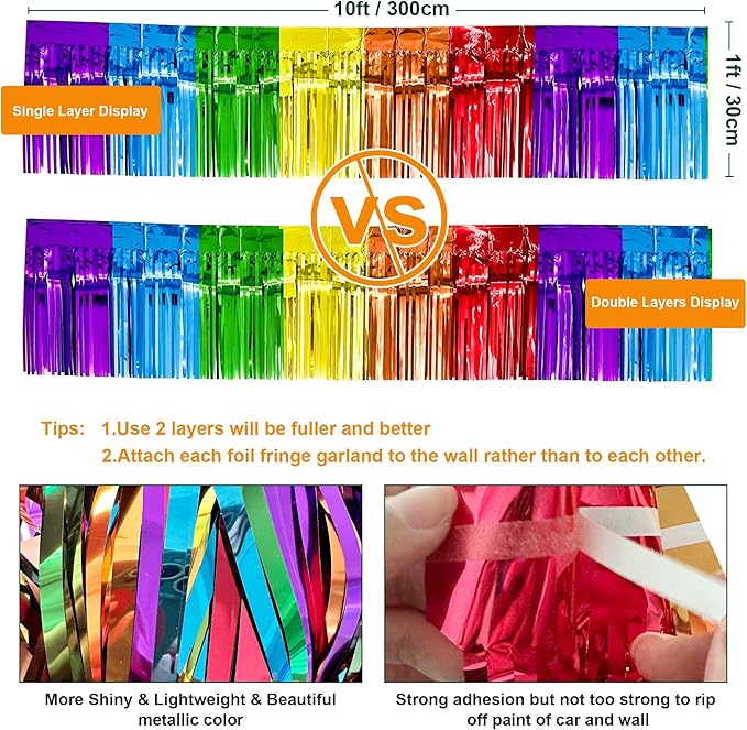 4 Pack 10 Feet Colorful Foil Fringe Garland Rainbow Tinsel Streamers Banner Fringe Curtain Banner for Parade Floats Graduation Homecoming Carnival Birthday Pride Party Decor (Rainbow)
