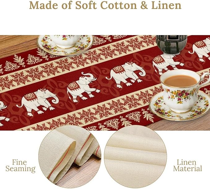 Boho Elephant Table Runner, Vintage Tribal Traditional African Animals Ethnic Folk Red Table Center Decor for Home Kitchen Dining Patio Holiday Party Indoor Outdoor Table Decorations, 13"x72" Inch