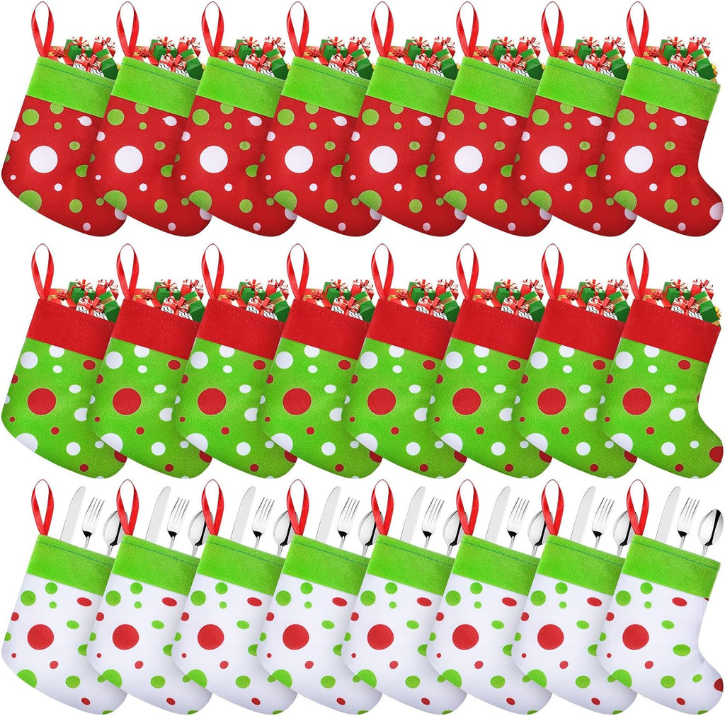 Realspring 24 Pcs Mini Christmas Stockings 6 Inches Red and Lime Green Small Stockings Christmas Dot Fireplace Hanging Decorations for Xmas Tree Fireplace Gift Present Filled