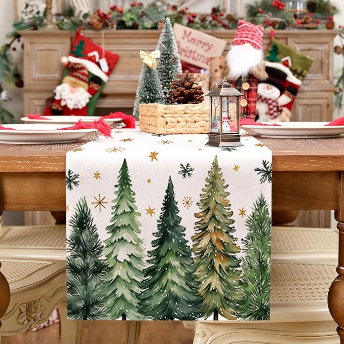 GEEORY Christmas Table Runner 13x36 Inch, Xmas Tees Snowflakes Holiday Decorative Farmhouse Table Decoration for Kitchen Dinning, Indoor Outdoor Dinner Party Decor (Light Green) GT166-36