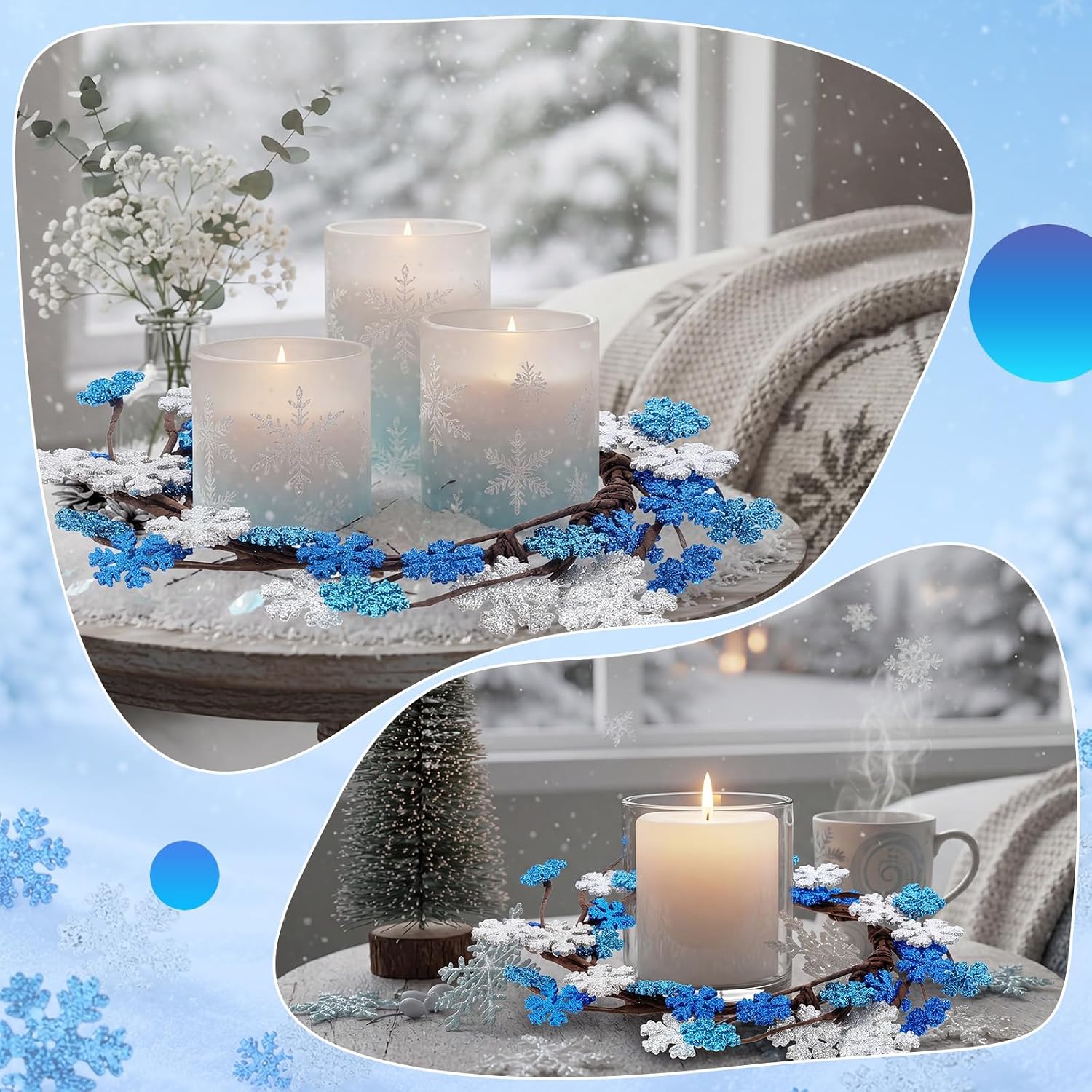Daifunli 2 Pcs Winter Blue Snowflake Candle Rings Snowflake Wreath Glitter Vintage Wood Wreaths for Pillar 6 Inch Candles Holder for Winter Christmas Rustic Table Centerpiece Decor