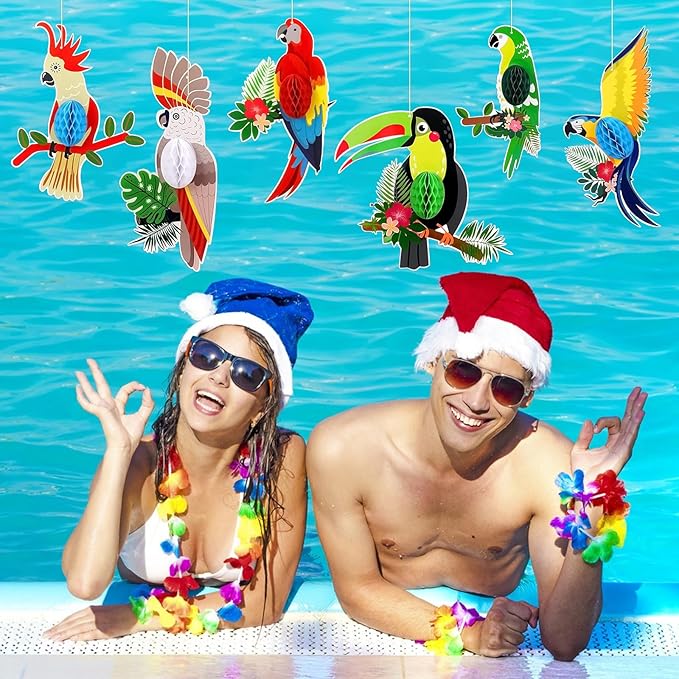 6 Pieces Tropical Birds Honeycomb Cutouts, Large Parrot Hanging Decor Parrot Honeycomb Paper Cutouts for Summer Luau Rainforest Tropical Party Decorations
