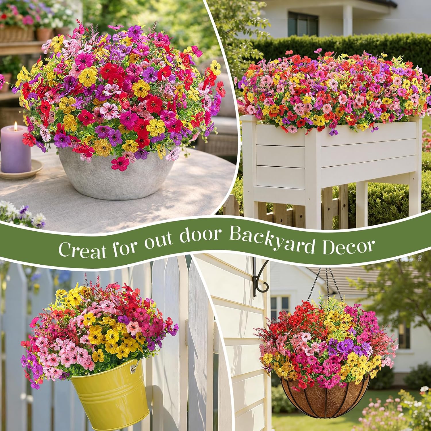 SHareconn 24 Bundles Artificial Flowers for Outdoors Decoration, Faux Plants Fake Silk Colorful Daisy Eucalyptus Lavender, UV Resistant for Outside Home Porch Patio Indoor Spring Decor, Mix 5 Colors