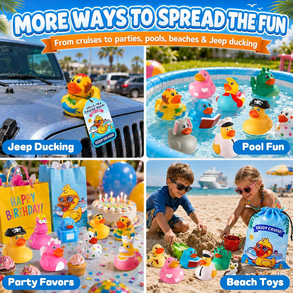 100 Pcs Cruise Rubber Ducks Kits Include 30 Cruise Ducks with 30 Cruising Duck Tags 40 Rubber Bands and 1 Duck Bag, Bulk Ducks for Cruise Ships Hiding Carnival Ducking Cruise Essentials