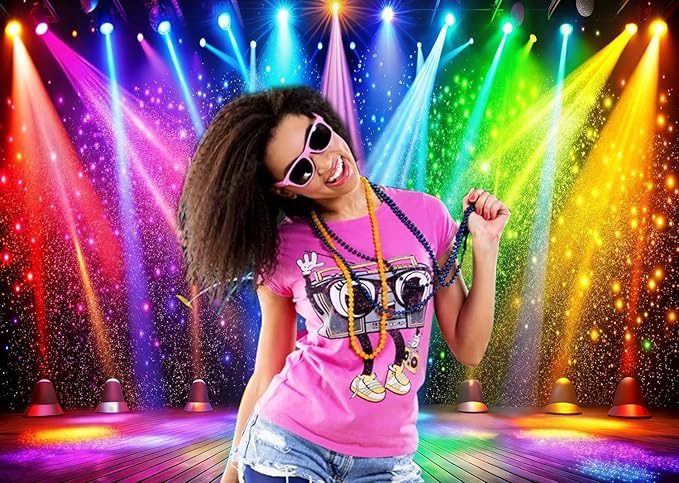 LTLYH 8x6ft Fabric Disco Rainbow Stage 70s 80s 90s Backdrop Vintage Lights Photography Background Rock Music Club Neon Glow Party Decorations Photo Banner 312