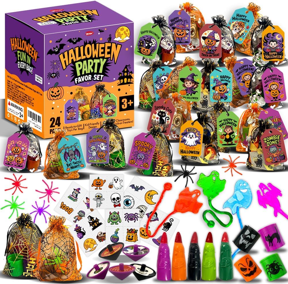 VKTEN 24 Pack Halloween Party Favors for Kids–Prefilled Mesh Treat Bags with Toys, Gift Tags & Twine–Trick or Treat Goodie Bag Fillers, Classroom Prizes & Exchange Gifts