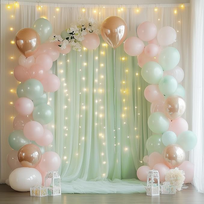 Fomcet Sage Green Tulle Backdrop Curtains with Lights String 10FT X 8FT Sheer Curtain with Lights Tulle Curtains Backdrop for Wedding Birthday Party Photo Shoot (2 Panels 5x8FT)