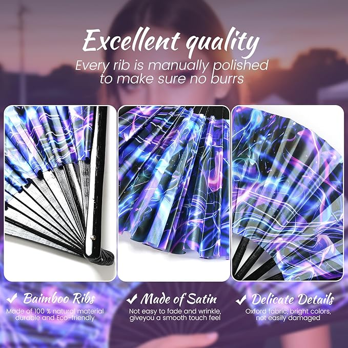 SYNTECSO Folding Hand Fan for Rave, Popping Fan for Line Dancing, Drag Queen, Women and Men Gift，Chinese Japanese UV Glow Clack Fan for Parties, Music Festivals, EDM and Decoration