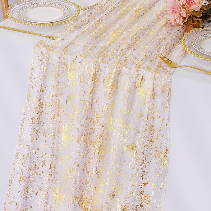 LOMOHOO 10 Ft Gold Table Runner, Golden Sheer Sequin Table Runners 120 Inches Long Glitter Metallic Foil Lace Fabric Table Decor for Birthday Party Wedding Anniversary Centerpiece (2pcs)