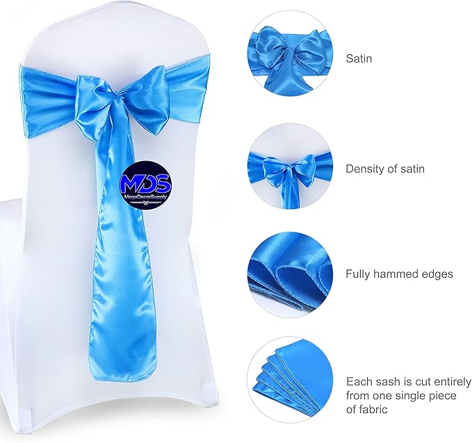 MDS Pack of 200 PCS Satin Chair Sashes Charmeuse Sateen Dining Chair Bows Ribbon Ties Back Sash for Wedding Party Birthday Home Hotel Restaurant Banquet Decoration (7 x 108 Inch, Blue)