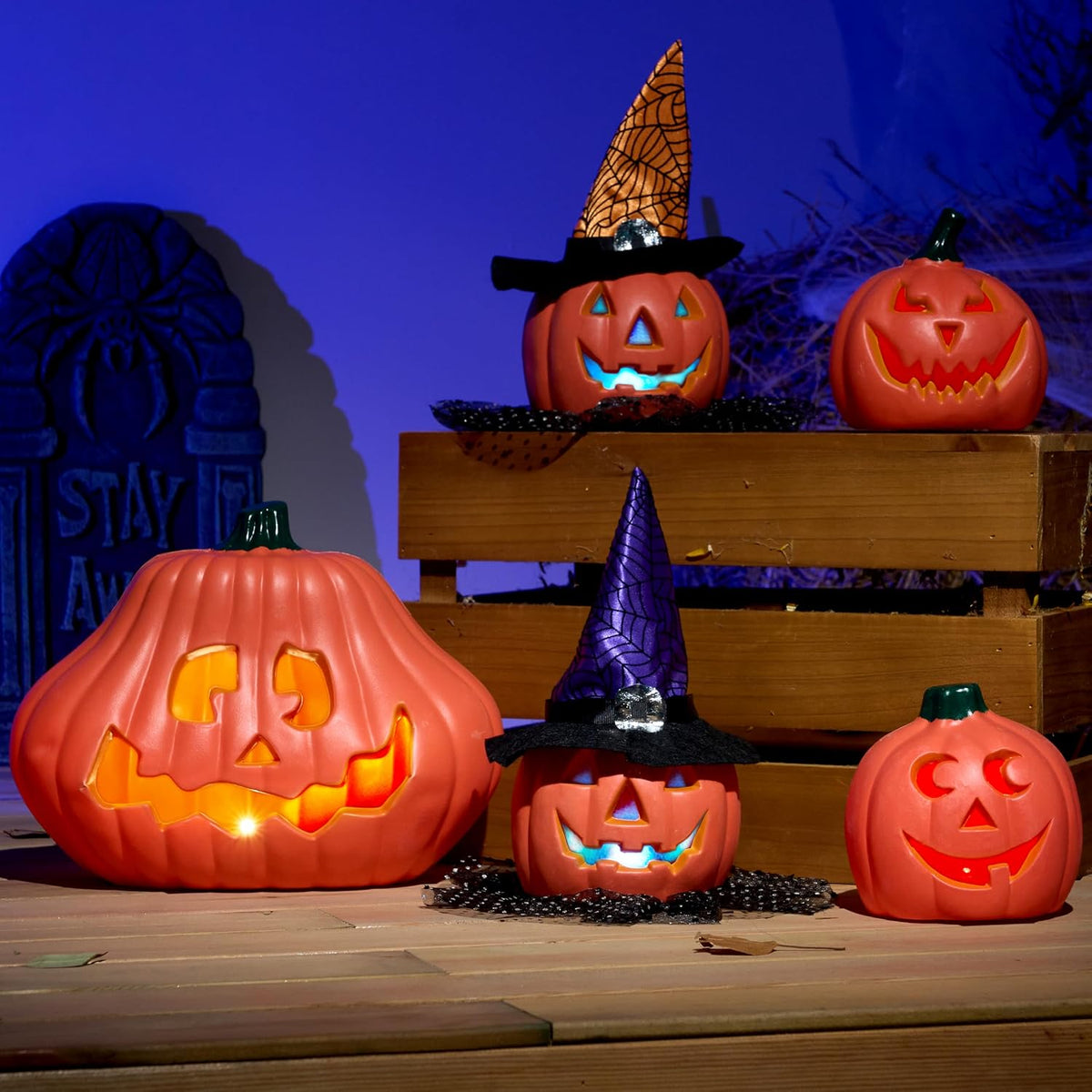 JOYIN 5 Pcs Light Up Halloween Pumpkin Decorations Jack O Lantern Decor, Plas...