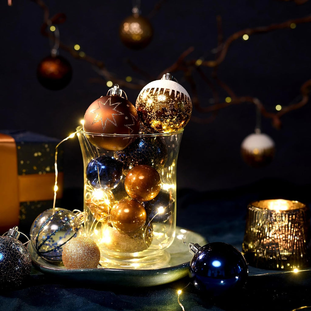 DecorbyHannah Christmas Ornaments Set, 21ct Blue Copper Gold Ornaments for Christmas Tree Decorations, Celestial Shatterproof Plastic Decorative Hanging Ball Bulk for Xmas Holiday Indoor Party Decor