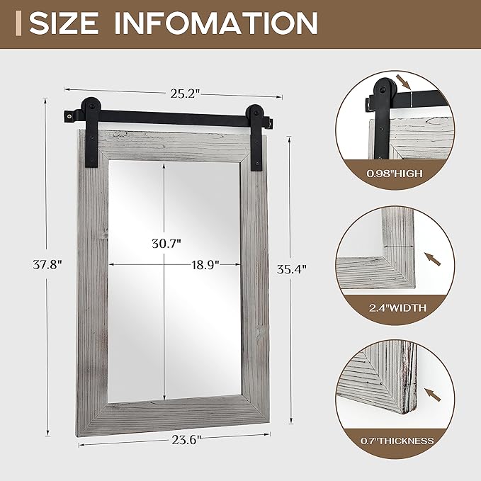 COGOOD Farmhouse Barn Door Mirror - 25 x 38 Rustic Bathroom Mirror for Living Room, Entryway, Vanity Wall Decor (Grey)