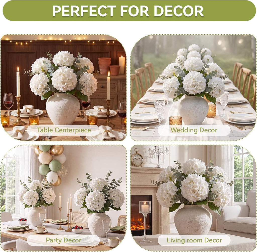 pinkpum 6 pcs white hydrangea artificial flowers with on a desk or shelf