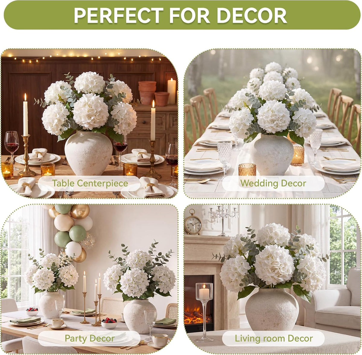 pinkpum 6 pcs white hydrangea artificial flowers with on a desk or shelf
