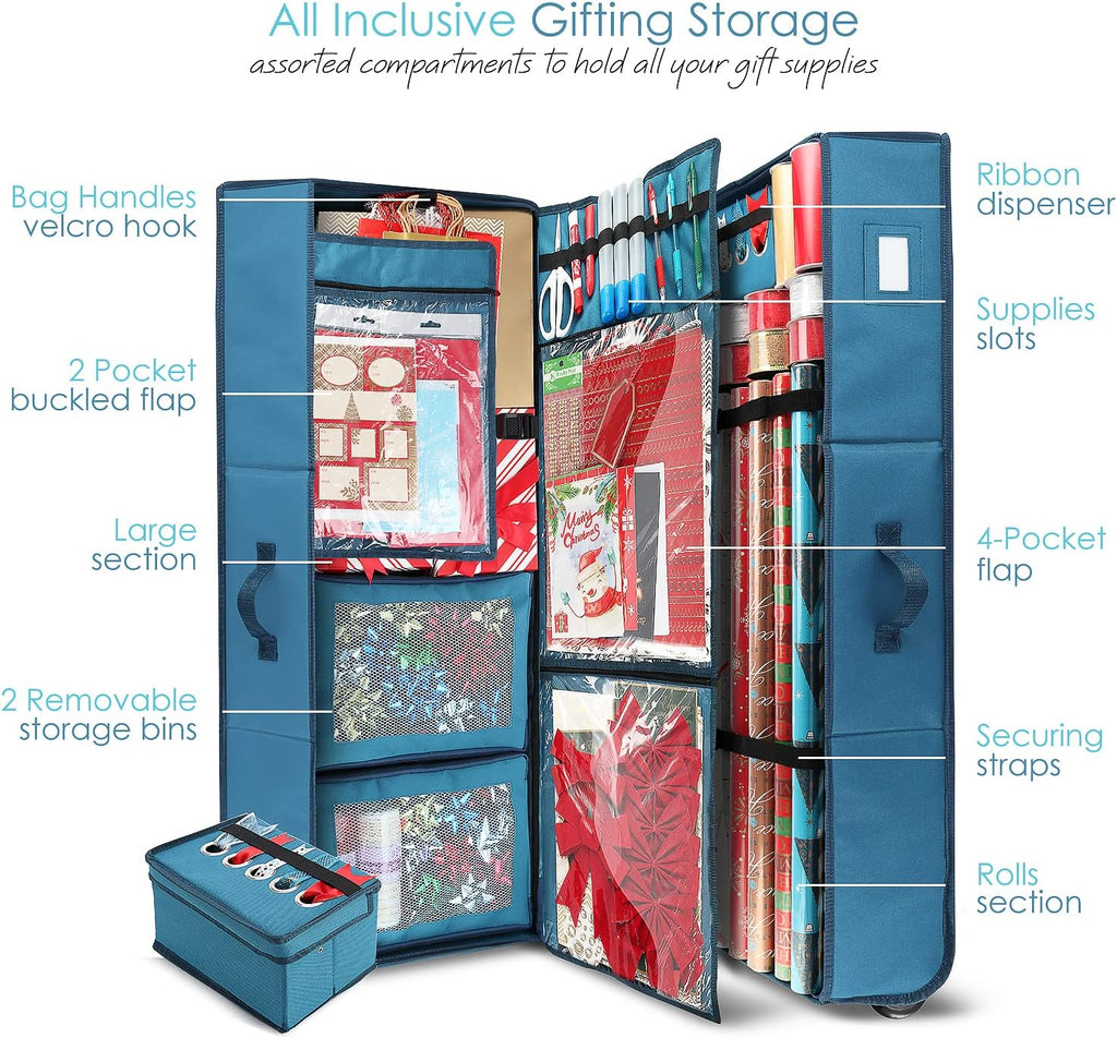 Hearth & Harbor Wrapping Paper Storage Container with Ribbon Dispenser and Interior Pockets - Large Christmas Storage Containers with Wheels, Fits 30 Rolls of 40" Length, Blue
