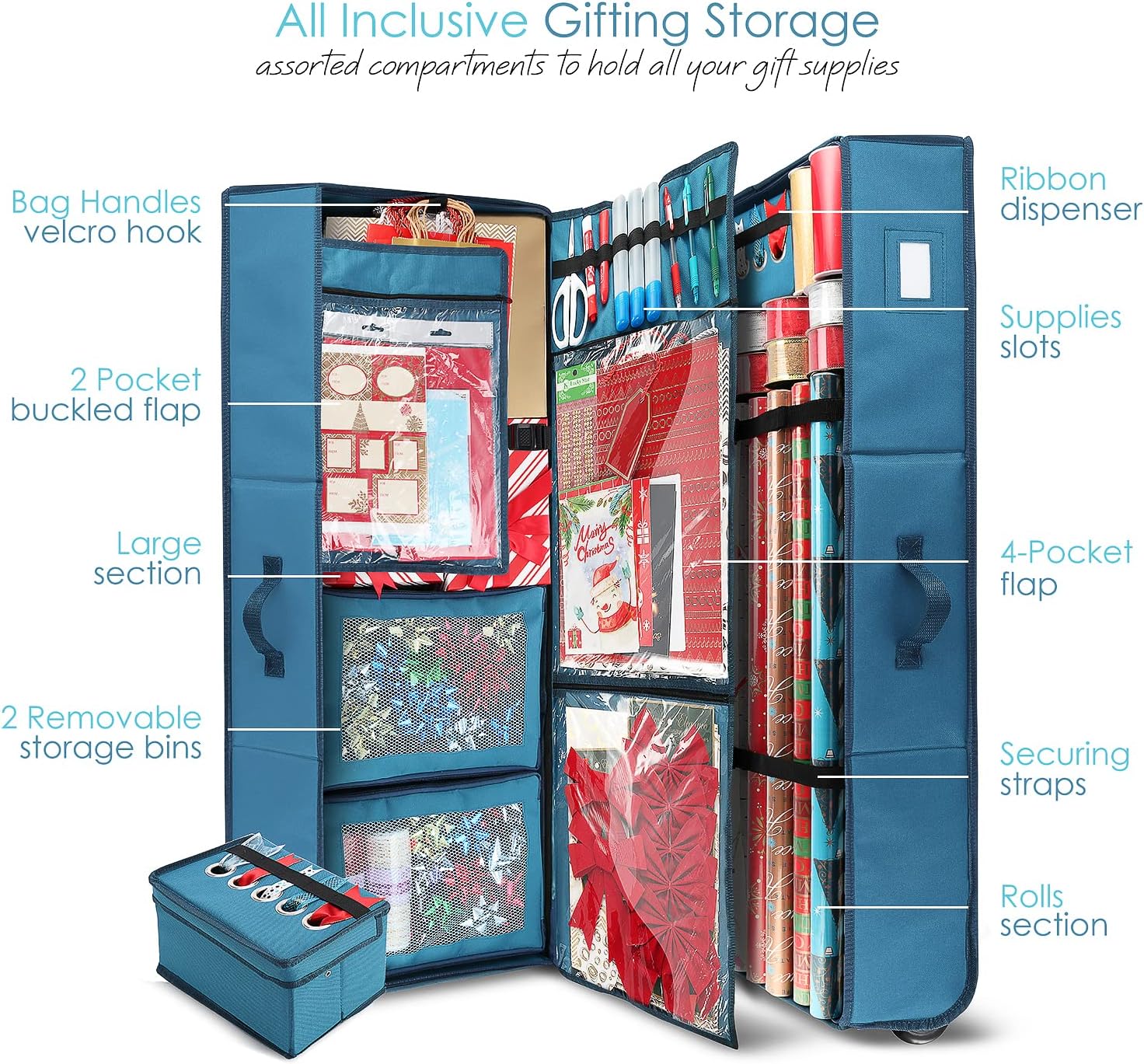 Hearth & Harbor Wrapping Paper Storage Container with Ribbon Dispenser and Interior Pockets - Large Christmas Storage Containers with Wheels, Fits 30 Rolls of 40" Length, Blue
