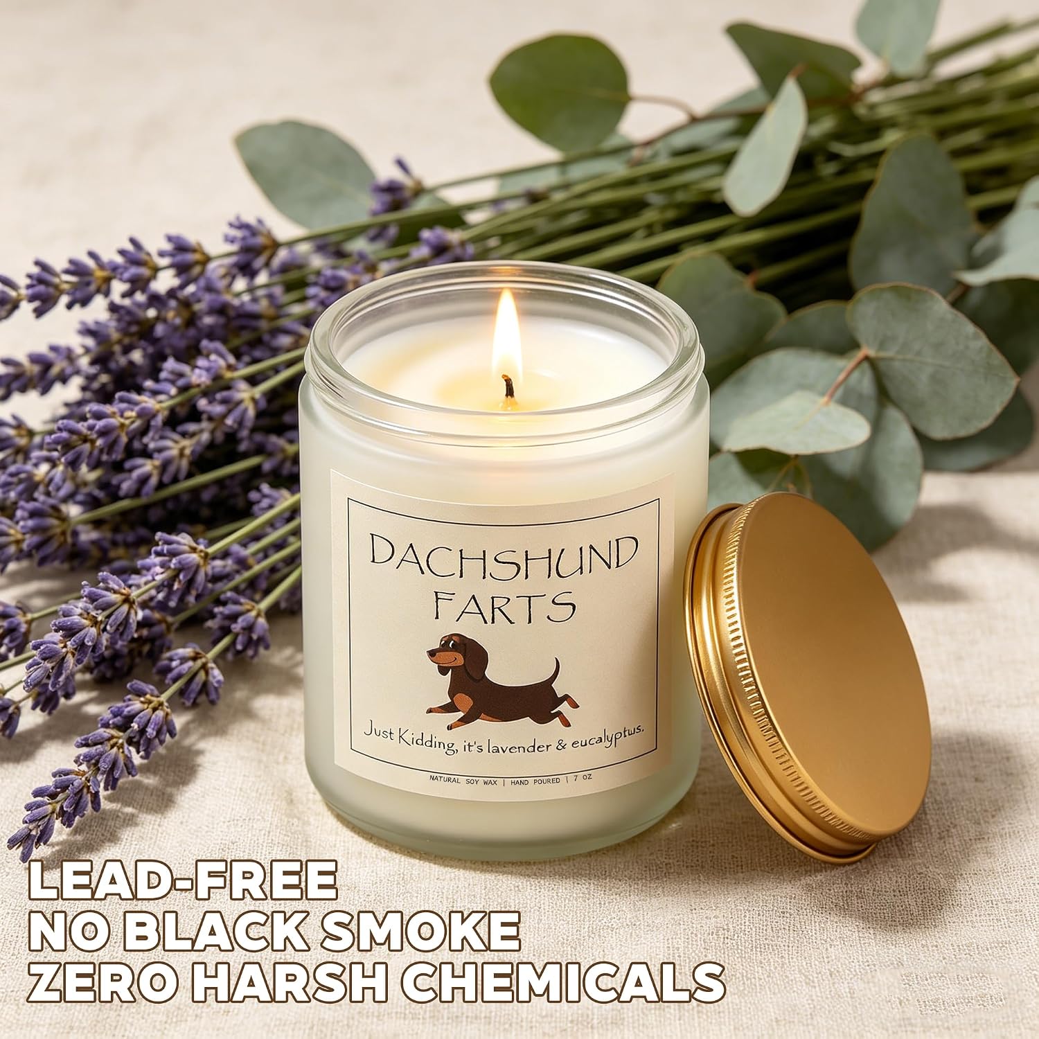 Funny Dachshund Gifts – 100% Soy Wax Scented Candle for Dachshund Lovers, Pet Safe Lavender & Eucalyptus, 50H Burn Time, Weiner Dog Gifts for Women, Unique Dachshund Decor – 7oz