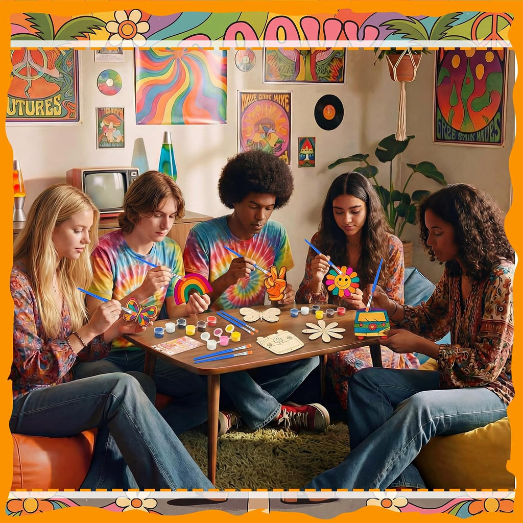 Saypacck 24 Pcs Groovy Boho Hippie Party Favors Wooden Painting Craft Kits Birthday Party Supplies with Organza Bag for Goodie Bags Fillers Adult Thank You Gifts