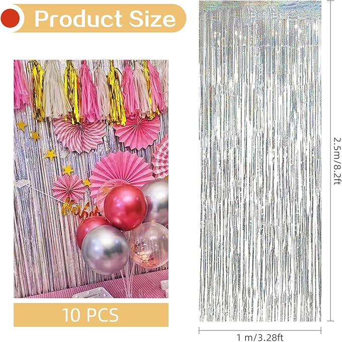10 Pack Silver Backdrop Curtain 3.2ft x 8.2ft Metallic Tinsel Foil Fringe Curtains Photo Booth Background for Birthday Party Decoration Baby Shower Engagement Wedding Christmas Decoration (Silver)