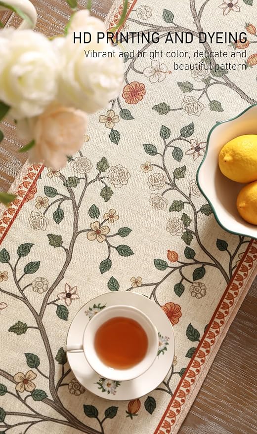 ISAENNE Designer Elegant Linen Floral Extra Long Table Runner 118 Inches,Farmhouse Light Beige Durable Decor Table Runners for Dining Tables,Thanksgiving,Kitchen Tables,Christmas,12"*118"-Flora A