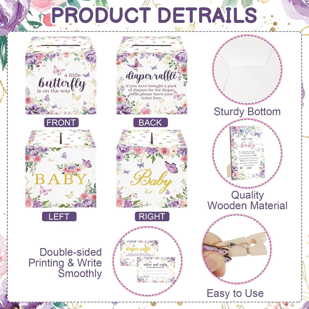 102 Pcs Butterfly Baby Shower Game Supplies Include 50 Diaper Raffle Tickets,1 Diaper Raffle Card Box,1 Don't Say Baby Sign and 50 Mini Butterfly Clothespins for Girls Gender Reveal Party Favors