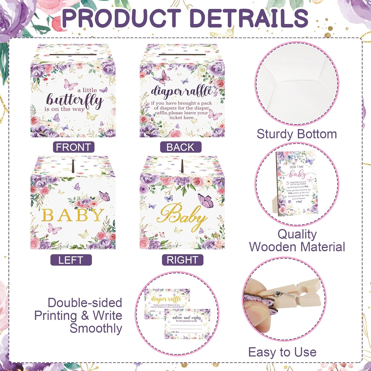 102 Pcs Butterfly Baby Shower Game Supplies Include 50 Diaper Raffle Tickets,1 Diaper Raffle Card Box,1 Don't Say Baby Sign and 50 Mini Butterfly Clothespins for Girls Gender Reveal Party Favors