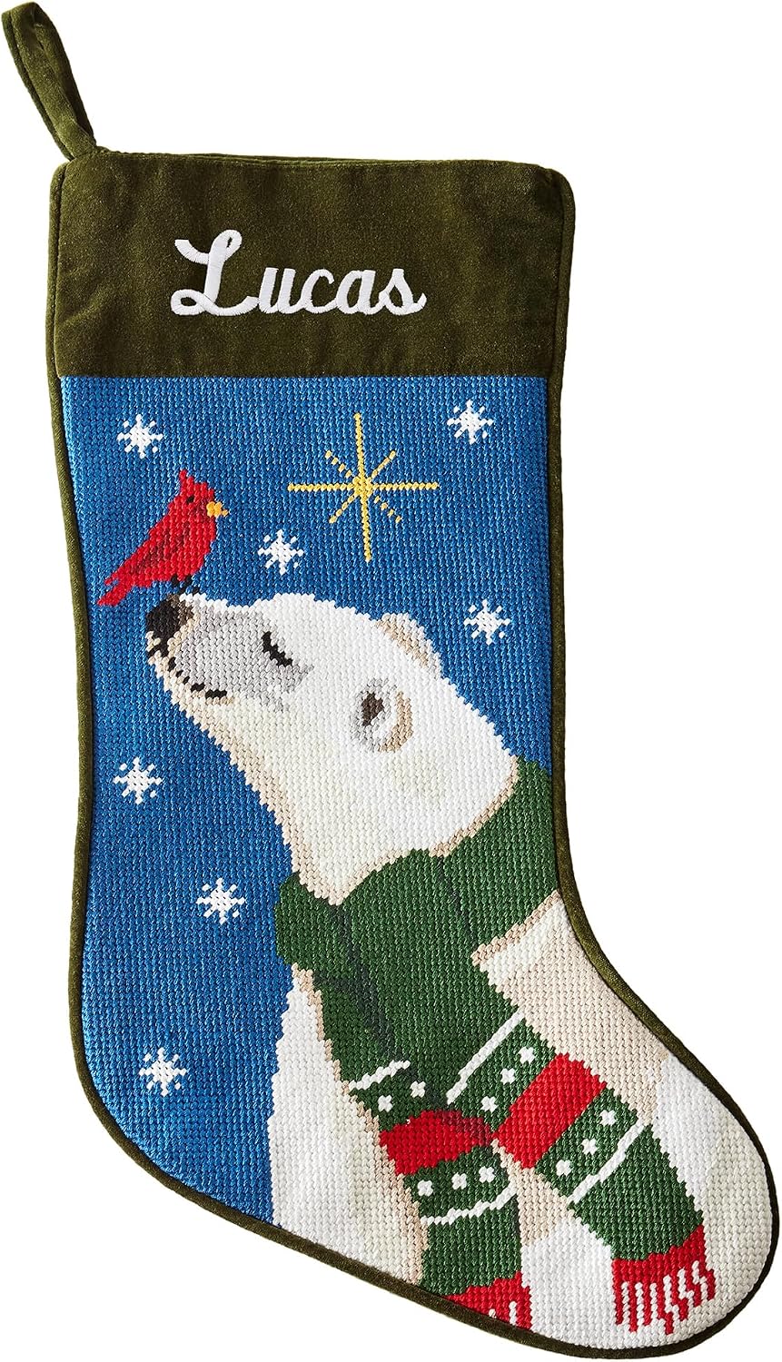 Let's Make Memories Personalized Needlepoint Christmas Stocking - Embroidered Family Stockings - Old-Fashioned Christmas Décor - Mantel Décor - 8"x17" - Customized Embroidered Name - Polar Bear