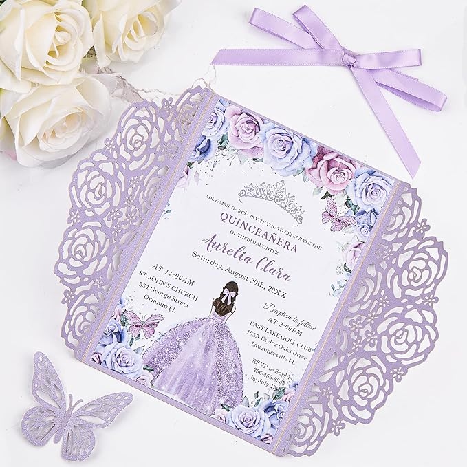 Purple Butterfly Laser Cut Wedding Invitations 50 Set, Hollow Out Rose Shaped Wedding Invites for Bridal Shower Quince Invitaciones Para Boda (Blank Inner Sheet, No Pattern)