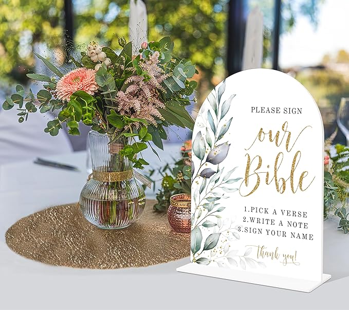 Acrylic Wedding Signs, Greenery Theme Please Sign Our Bible, Wedding Reception Signage, Bridal Shower Table Decor with Stand, Engagement, Anniversary, Newlywed Events and Parties Supplies, 11