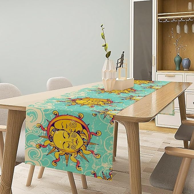 Retro Sun Moon Table Runner, Phase of The Moon Vintage Cloud Table Runner for Kitchen Dinner Living Room Table Runner Yellow Floral, 13x70 Inch Yellow Blue