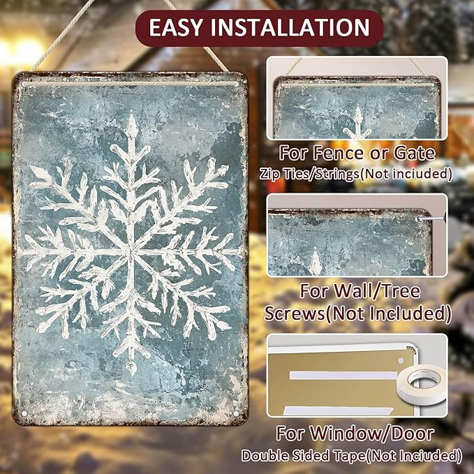 Vintage Christmas Tin Sign - Winter Snowflakes Metal Tin Sign - Wall Decor Sign for Outdoor Snowflake Christmas Decoration - 8x12Inch