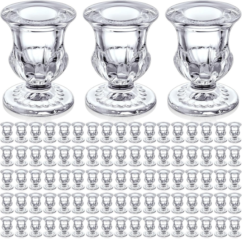 90 Pcs Clear Glass Candlestick Holders Taper Candle Holder Bulk 2.5 Inch Candle Stick Holder for Table Centerpiece Mantel Wedding Housewarming Gift Rustic Vintage Valentines Dinning Decoration (Clear)