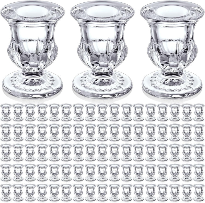 90 Pcs Clear Glass Candlestick Holders Taper Candle Holder Bulk 2.5 Inch Candle Stick Holder for Table Centerpiece Mantel Wedding Housewarming Gift Rustic Vintage Valentines Dinning Decoration (Clear)