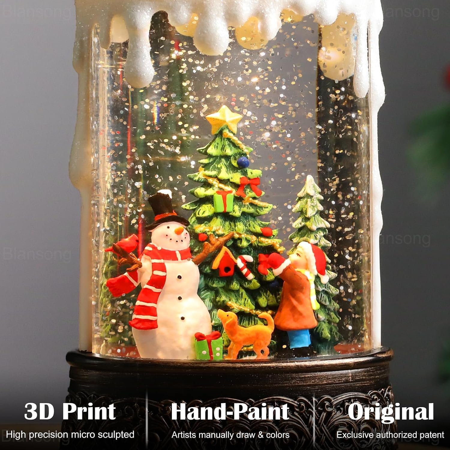 Christmas Snow Globe Candle Christmas Decorations Indoor Auto Snowfall Glitter Music Collection Snowman Child Tree with 6H Timer USB/Battery Powered 9.7 inch