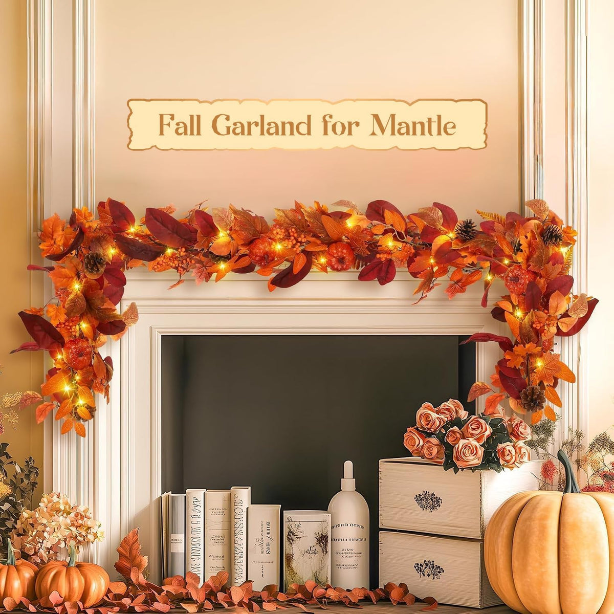 SHareconn 2 Packs 6ft Fall Garland with Lights and Timer for Mantle