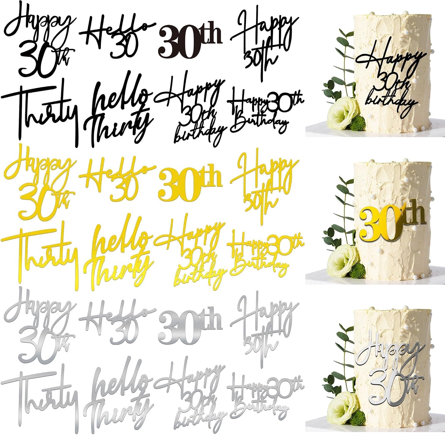 24 PCS 30th Birthday Cake Topper 8 Styles in Gold Black Silver Acrylic Thirty Cake Topper for Birthday Party Decorations