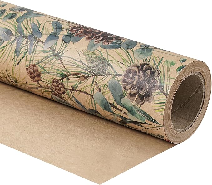 RUSPEPA 30" X 32.8' Kraft Christmas Wrapping Large Paper Roll, Jumbo Roll, Watercolor Pinecone and Eucalyptus Leaf Design, Kraft Gift Wrap for Christmas, Winter Holiday Party, Rustic Natural Theme