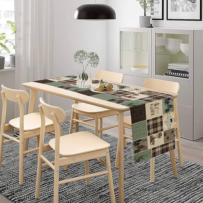 Bear Deer Table Runner,Rustic Lodge Retro Country Farmhouse Buffalo Plaid Print Tablecloth Burlap for Hotel Indoors Outdoor Dining Room Kitchen Home Decor,W13X L90 in