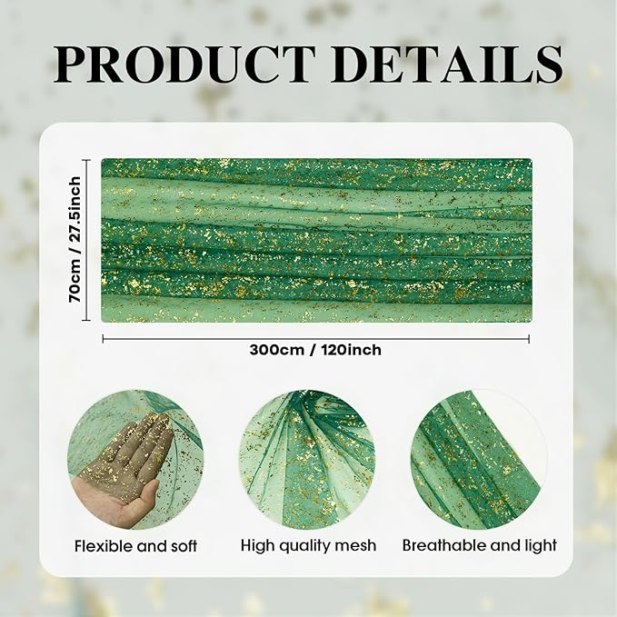 Artoid Mode 3PCS Green Gold Gauze Table Runner 120 Inch 10FT, Glitter Metallic Foil Sheer Dining Wedding Anniversary Holiday Table Decor for Home Party