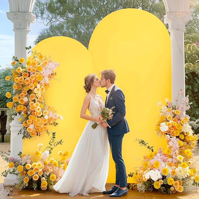 7.2FT Yellow Arch Backdrop Cover - Polyester Fitted Wedding Arch Stand Covers Round Top Chiara Arch Backdrop Cover for Birthday Party Banquet Photo Background Decoration