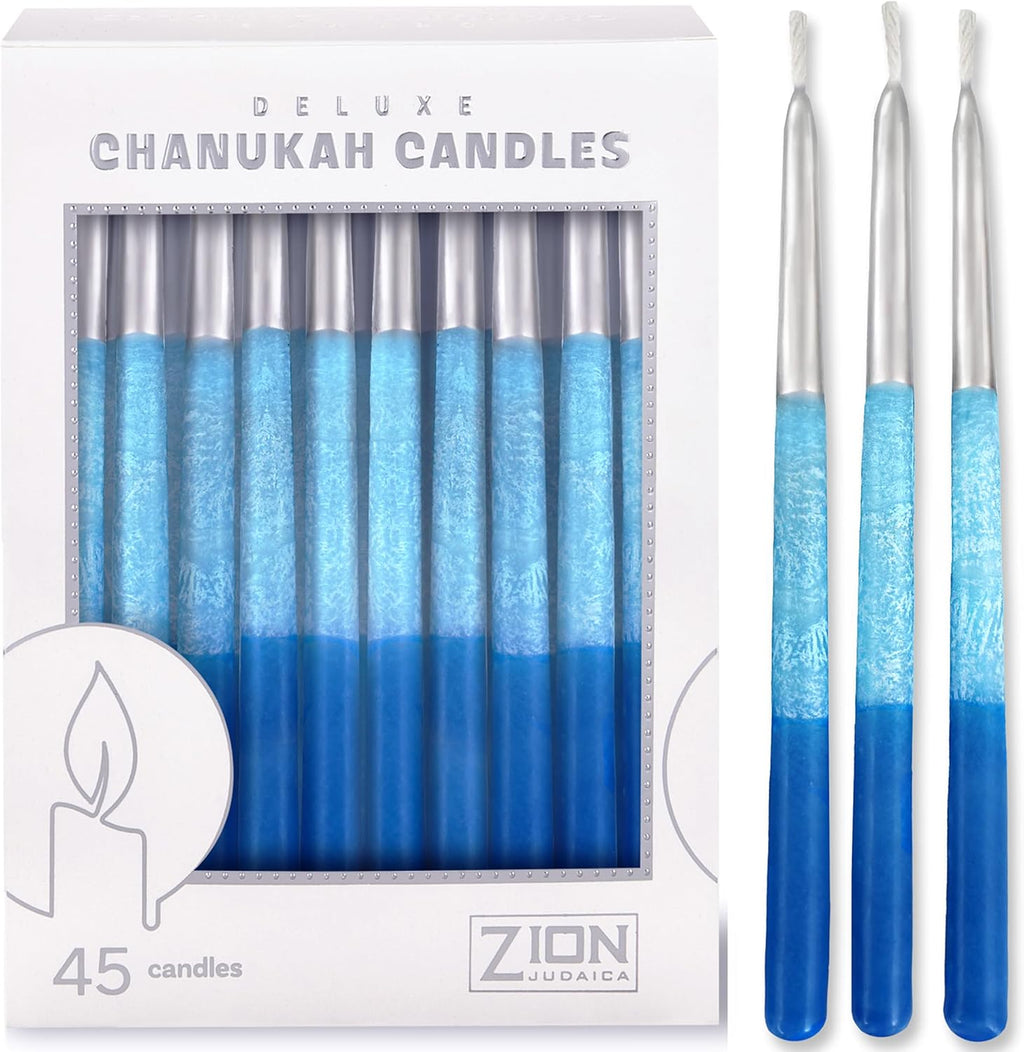 Zion Judaica Metallic Tip Hanukkah Candles Set of 45 Silver Tip Frosted Blue Shades Deluxe Chanukah Candles for Menorah Clean Burning 1 Hour Long Lasting Includes Dreidel & Candle Blessings Card