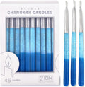 Zion Judaica Metallic Tip Hanukkah Candles Set of 45 Silver Tip Frosted Blue Shades Deluxe Chanukah Candles for Menorah Clean Burning 1 Hour Long Lasting Includes Dreidel & Candle Blessings Card