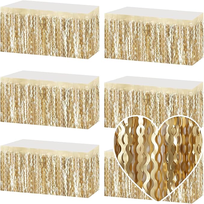 6 Pack 29x108 Inch Champagne Gold Wave Foil Fringe Table Skirts Metallic Banner for Tinsel Streamer Garland Backdrop for Parade Floats Wedding, Mother's Day, Birthday Mardi Gras Party Decorations
