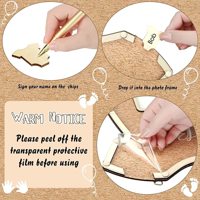 Wenqik 63 Pcs Bodysuit Baby Shower Guest Book Alternatives Set Baby Shower Decorations with Photo Frame Sonogram Frame Keepsake 60 Wood Slices Guest Book for Birthday