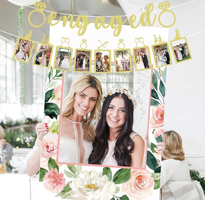 Pre-Strung Engaged Photo Banner - Gold Glitter Engagement Party Decoration Supplies with Romantic Memories Picture Card Frames for Bachelorette, Bridal Shower, Wedding Party Photo Booth Props