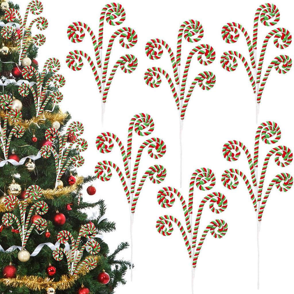 RINOLY 6 Pcs Christmas Tree Topper,17 in Red and Green Candy Cane Christmas Tree Picks,Curly Woolen Christmas Tree Decorations Candy Cane Ornaments for Holiday Decors Vase Filler