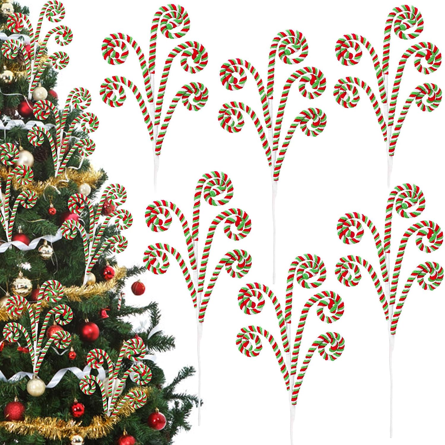 RINOLY 6 Pcs Christmas Tree Topper,17 in Red and Green Candy Cane Christmas Tree Picks,Curly Woolen Christmas Tree Decorations Candy Cane Ornaments for Holiday Decors Vase Filler